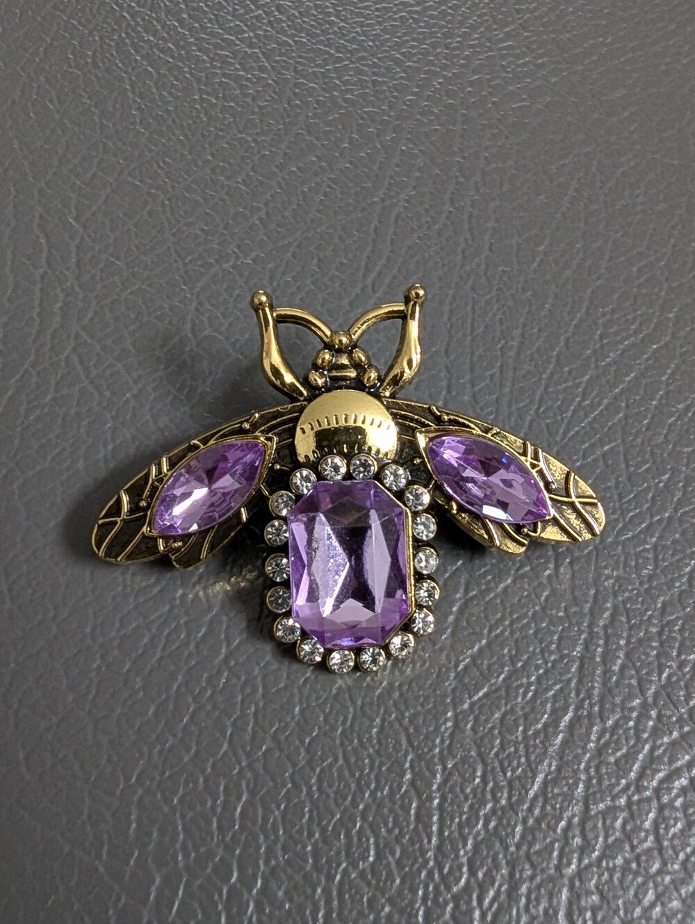 Vintage Gold Bee Brooch Luxury Purple Crystal Accents
